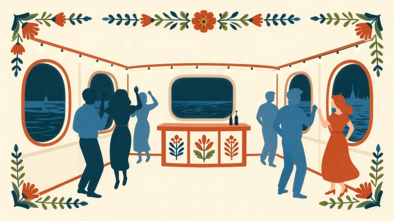 Party boat cabin at night: dancing silhouettes, string lights, small bar with folk-pattern panels, round windows showing dark water.