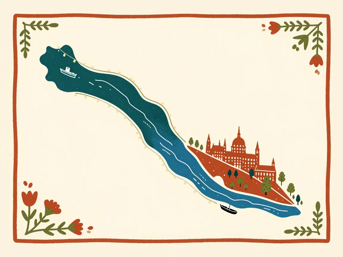 Folk-art map of Budapest Danube moorings with boats on both banks and an island pier