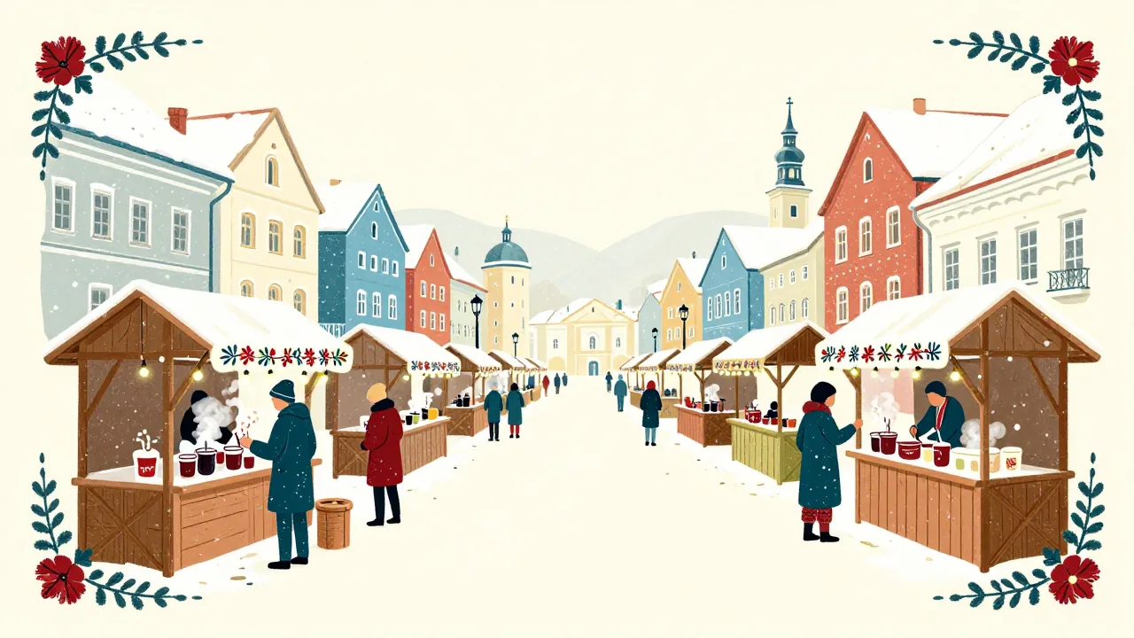 Winter street market with wooden stalls, embroidered awnings, steam, string lights, small figures in coats, town houses, falling snow.