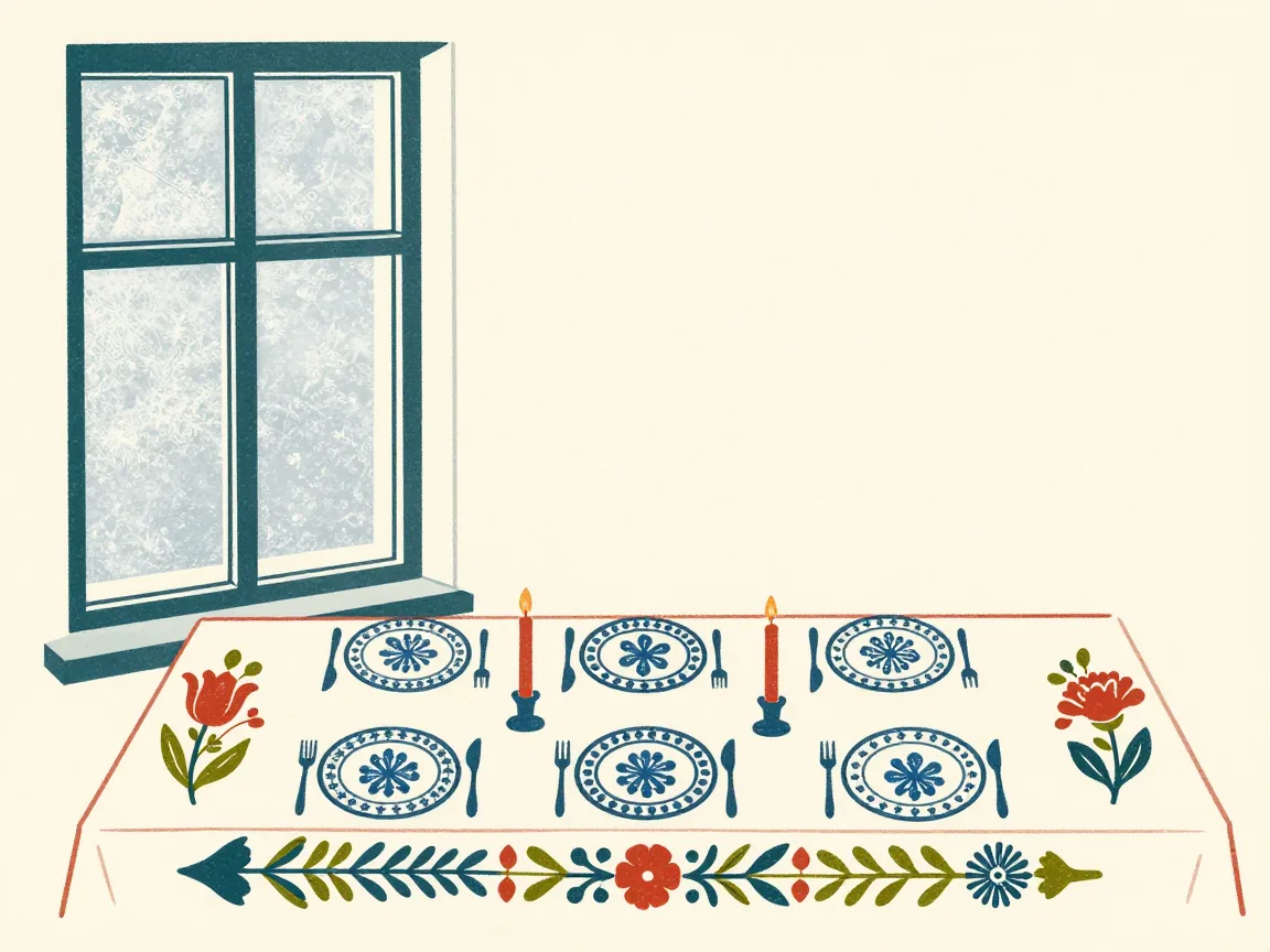 Overhead folk-art view of a long dinner table with folk-print plates, candles and a frosted window
