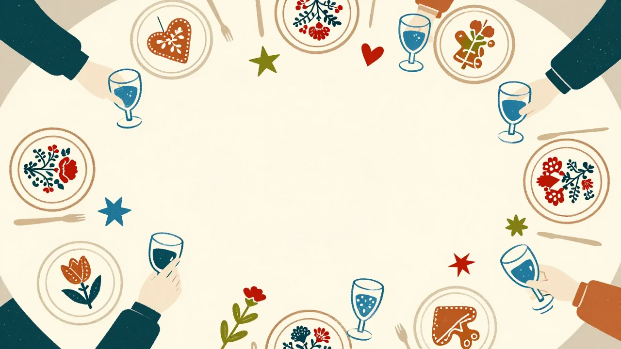 Long office party table from above with plates, glasses, paper stars and folk-patterned gingerbread hearts, hands raising glasses, no faces.