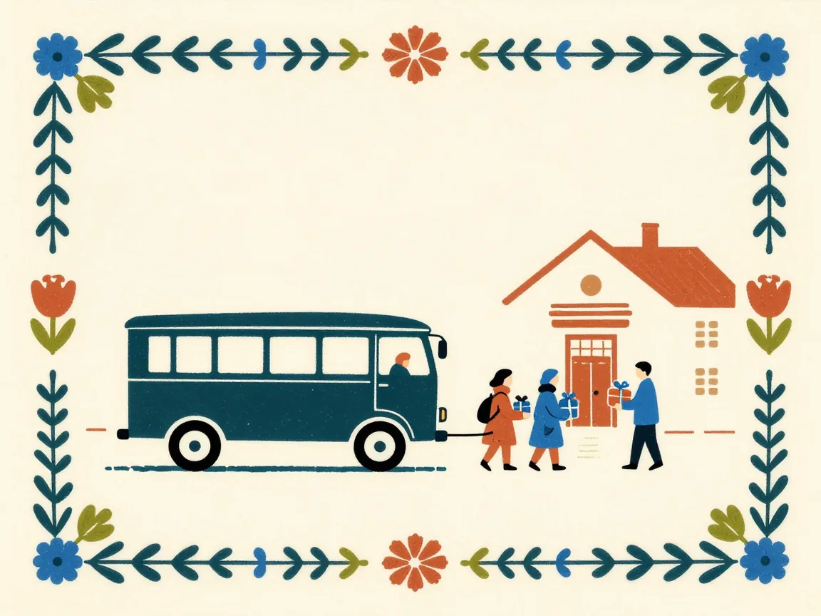 People in winter coats carrying gifts toward a lit courtyard doorway beside a parked coach
