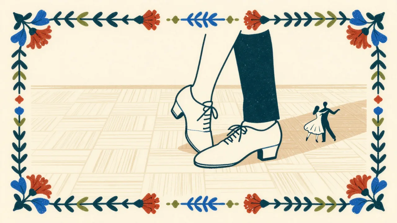 Flat illustration of white dancing shoes on a parquet floor with waltzing silhouettes behind