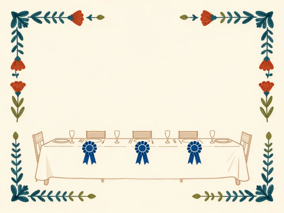 Flat illustration of a banquet table with ribbon rosettes and a dance floor at one end